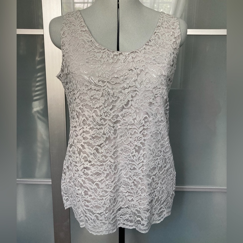 Ann Taylor Loft Women’s Sleeveless Scoop-neck Lace Top, Light Gray, Medium